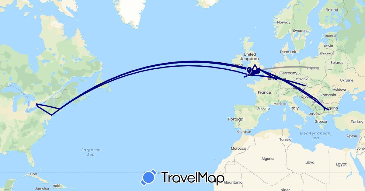 TravelMap itinerary: driving, plane in Austria, Bulgaria, Canada, United Kingdom, Luxembourg, Poland, Serbia, United States (Europe, North America)